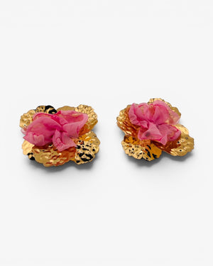 Boucles d'oreilles fleur dorée tissu - BEQUEEN PARIS