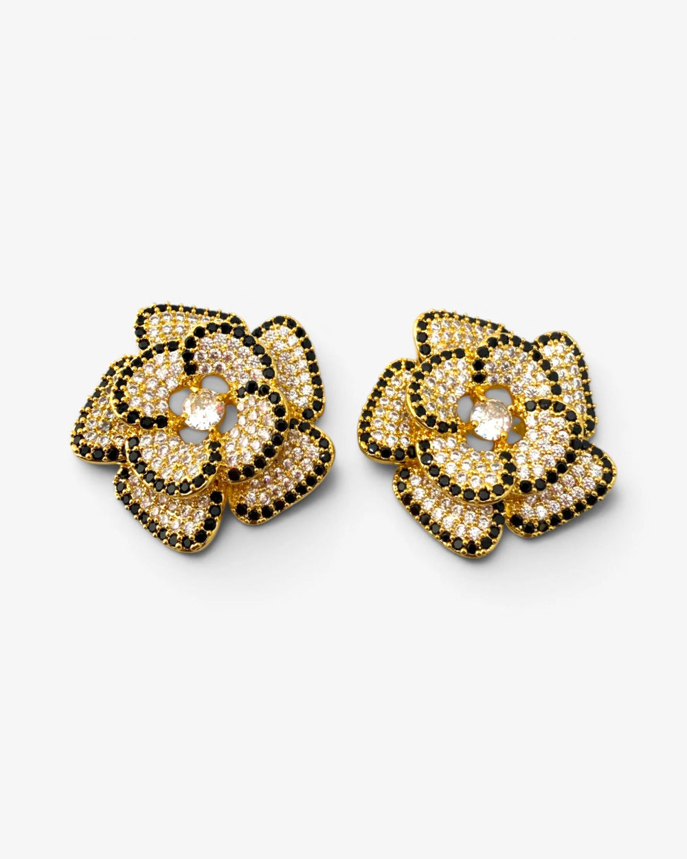 Boucles d'oreilles Fleur Pavée Noir & Doré - BEQUEEN PARIS