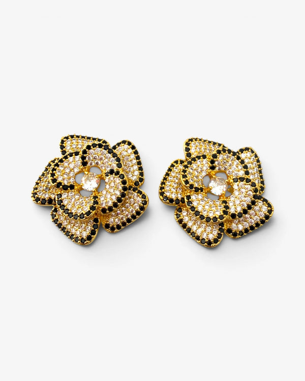 Boucles d'oreilles Fleur Pavée Noir & Doré - BEQUEEN PARIS