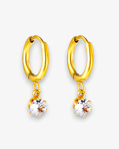 Boucles d'oreilles Luna – Créoles en acier inoxydable avec pendentif zircon rond 10mm - BEQUEEN PARIS