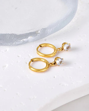 Boucles d'oreilles Luna – Créoles en acier inoxydable avec pendentif zircon rond 10mm - BEQUEEN PARIS