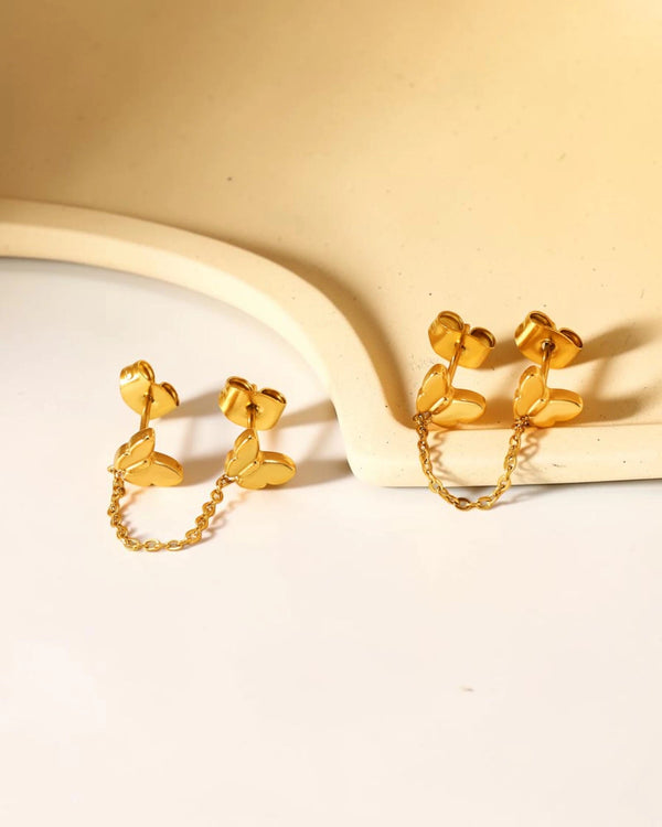 Boucles d'Oreilles Papillon Double Puces Chaîne en Acier Inoxydable - BEQUEEN PARIS