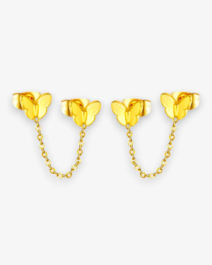 Boucles d'Oreilles Papillon Double Puces Chaîne en Acier Inoxydable - BEQUEEN PARIS