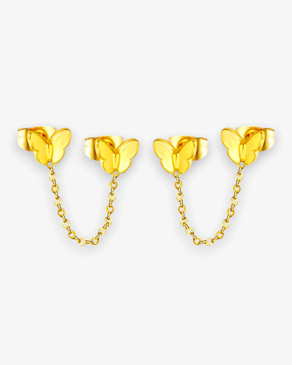 Boucles d'Oreilles Papillon Double Puces Chaîne en Acier Inoxydable - BEQUEEN PARIS